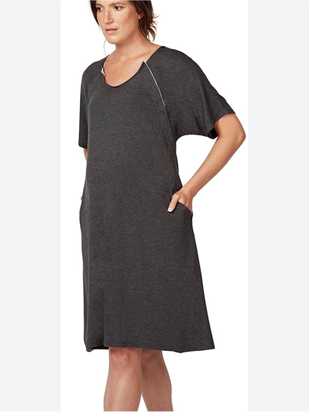 Frida One Size Delivery and Nursing Gown Charcoal Pockets Back Buttons